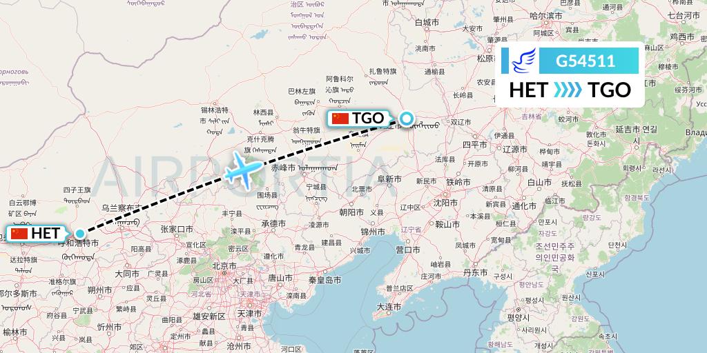 G54511 China Express Airlines Flight Map: Hohhot to Tongliao