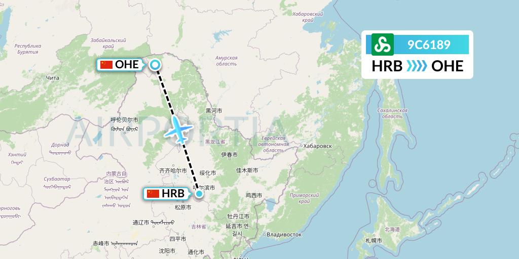 9C6189 Spring Airlines Flight Map: Harbin to Mohe