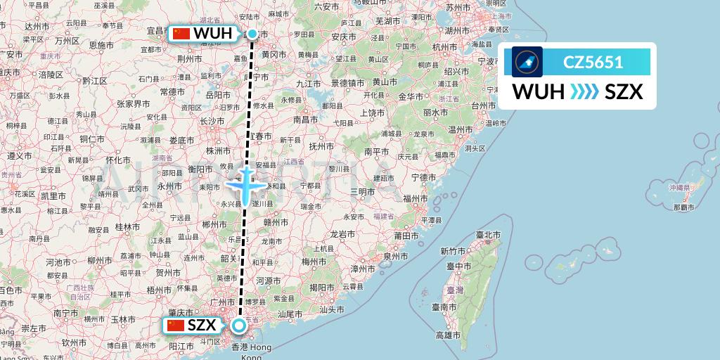 CZ5651 China Southern Airlines Flight Map: Wuhan to Shenzhen