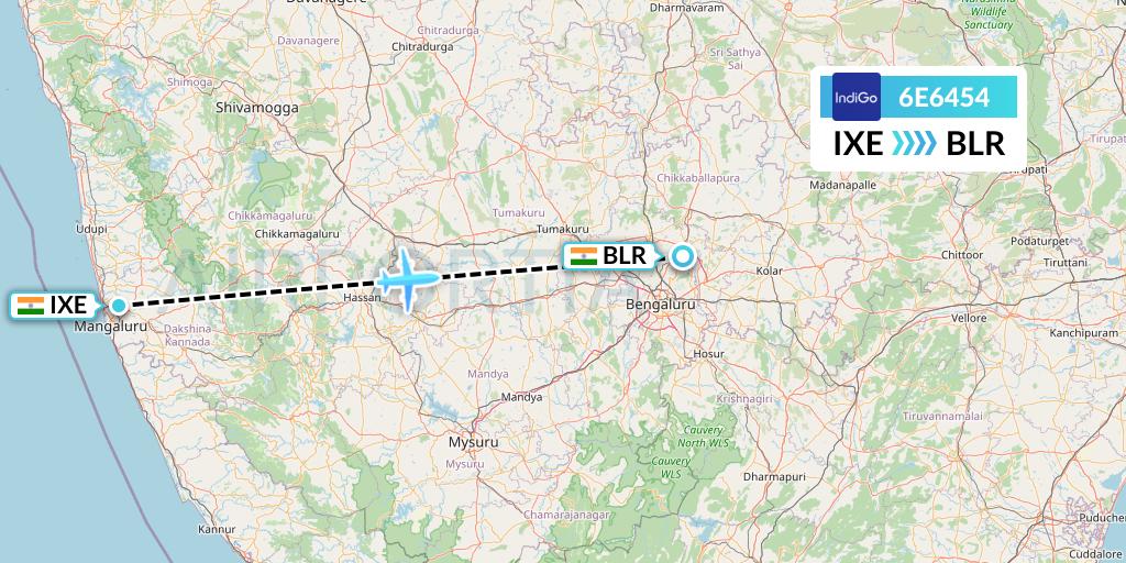 6E6454 IndiGo Airlines Flight Map: Mangalore to Bangalore