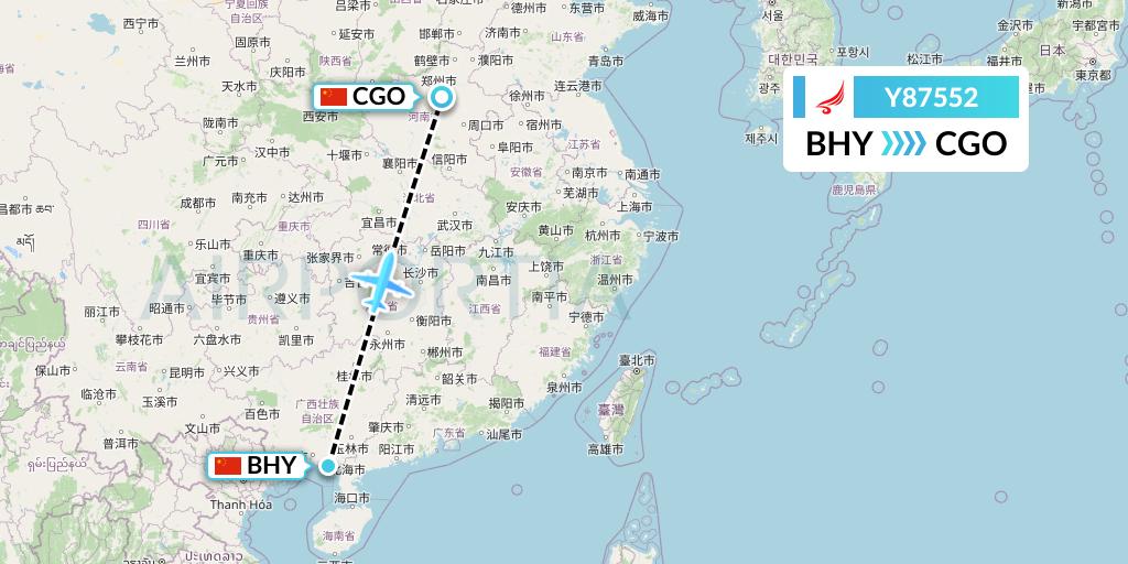 Y87552 Yangtze River Express Flight Map: Beihai to Zhengzhou