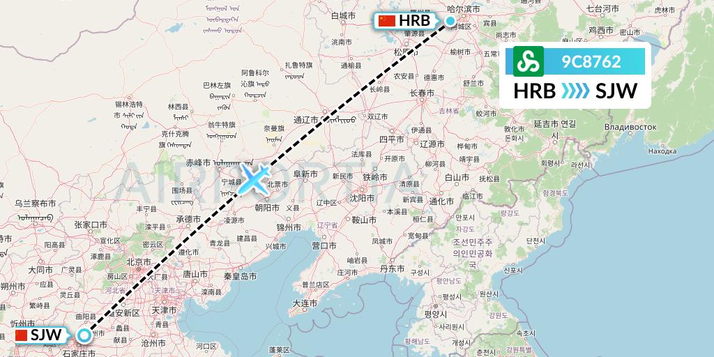 9C8762 Spring Airlines Flight Map: Harbin to Shijiazhuang
