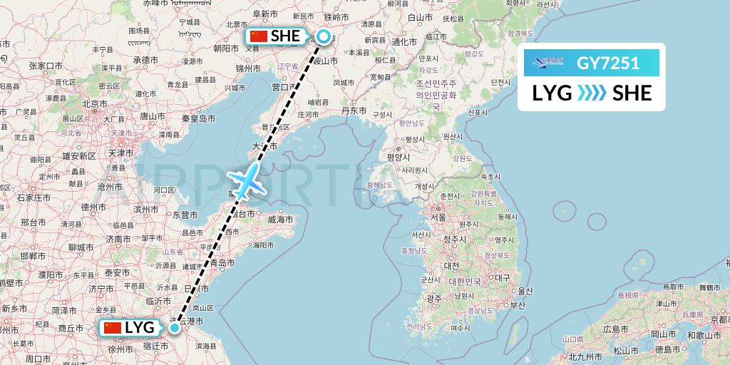 GY7251 Colorful GuiZhou Airlines Flight Map: Lianyungang to Shenyang