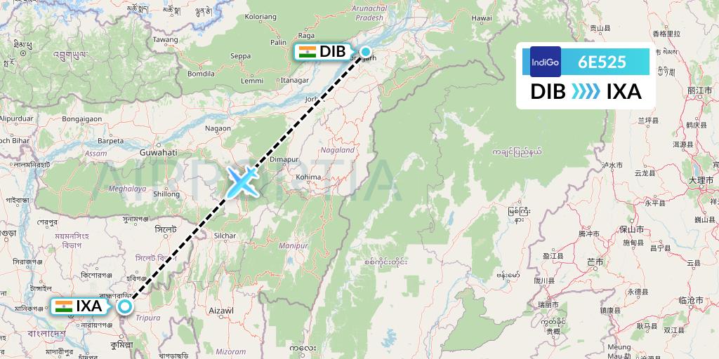 6E525 IndiGo Airlines Flight Map: Dibrugarh to Agartala