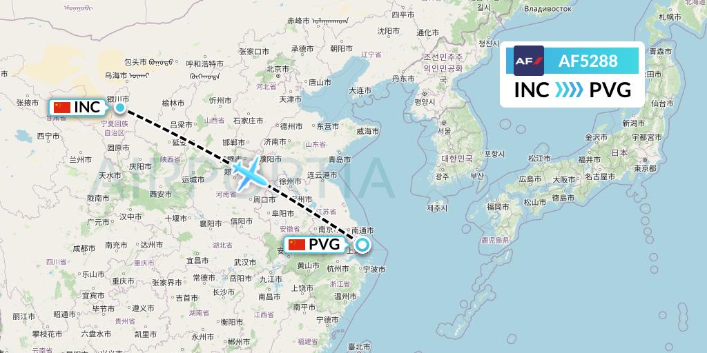 AF5288 Air France Flight Map: Yinchuan to Shanghai