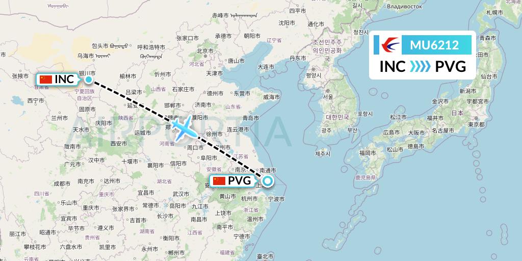 MU6212 China Eastern Airlines Flight Map: Yinchuan to Shanghai