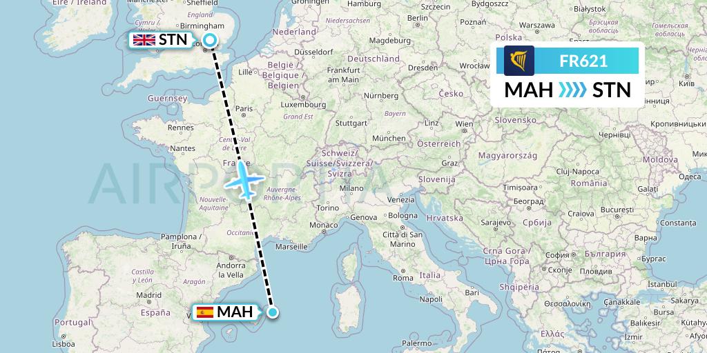 FR621 Ryanair Flight Map: Mahon to London