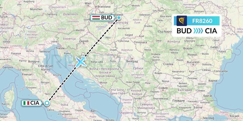 FR8260 Ryanair Flight Map: Budapest to Rome