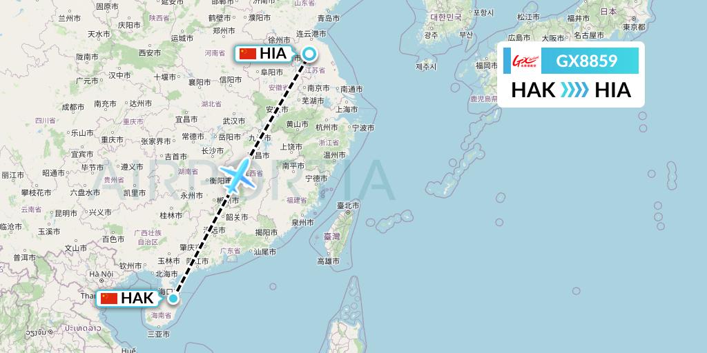 GX8859 GX Airlines Flight Map: Haikou to Huai'an