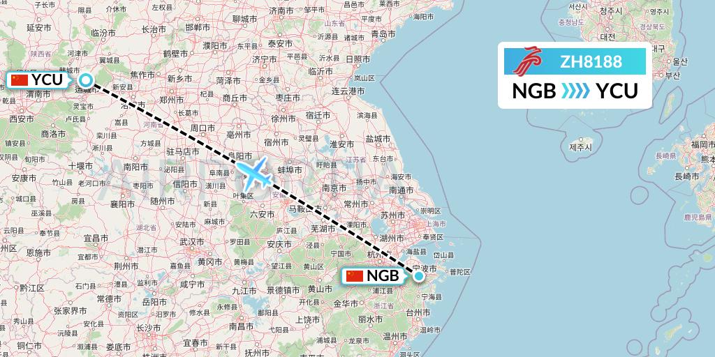 ZH8188 Shenzhen Airlines Flight Map: Ningbo to Yuncheng