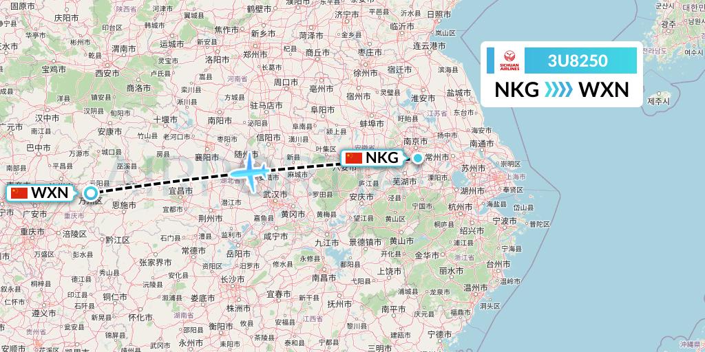 3U8250 Sichuan Airlines Flight Map: Nanjing to Wanzhou