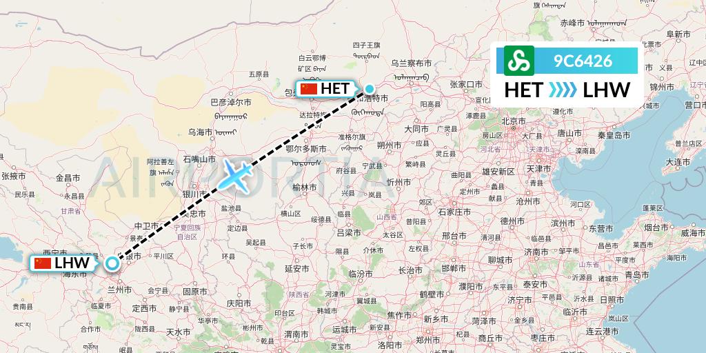 9C6426 Spring Airlines Flight Map: Hohhot to Lanzhou