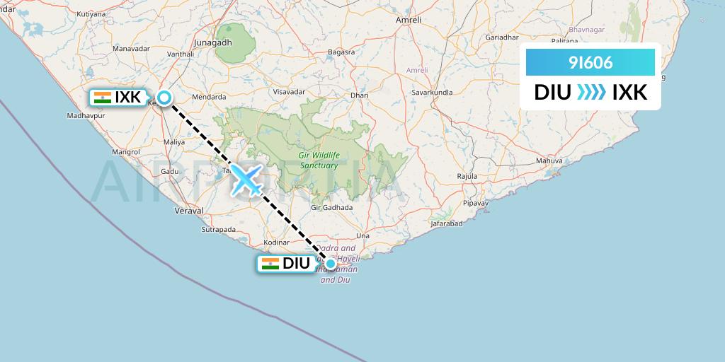 9I606 Air India Regional Flight Map: Diu to India
