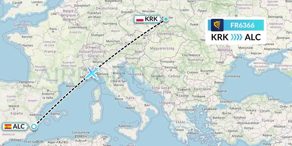 FR6366 Ryanair Flight Map: Krakow to Alicante