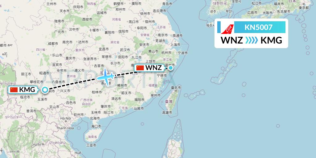 KN5007 China United Airlines Flight Map: Wenzhou to Kunming