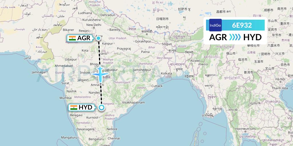 6E932 IndiGo Airlines Flight Map: Agra to Hyderabad