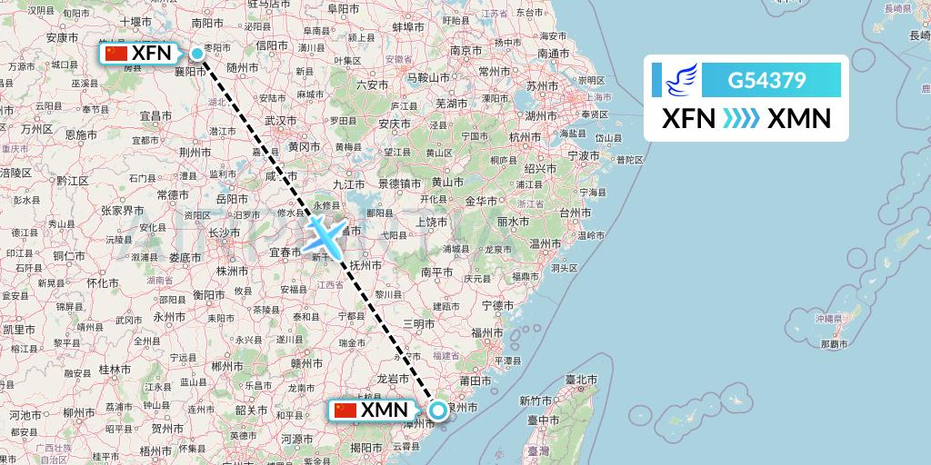 G54379 China Express Airlines Flight Map: Xiangyang to Xiamen