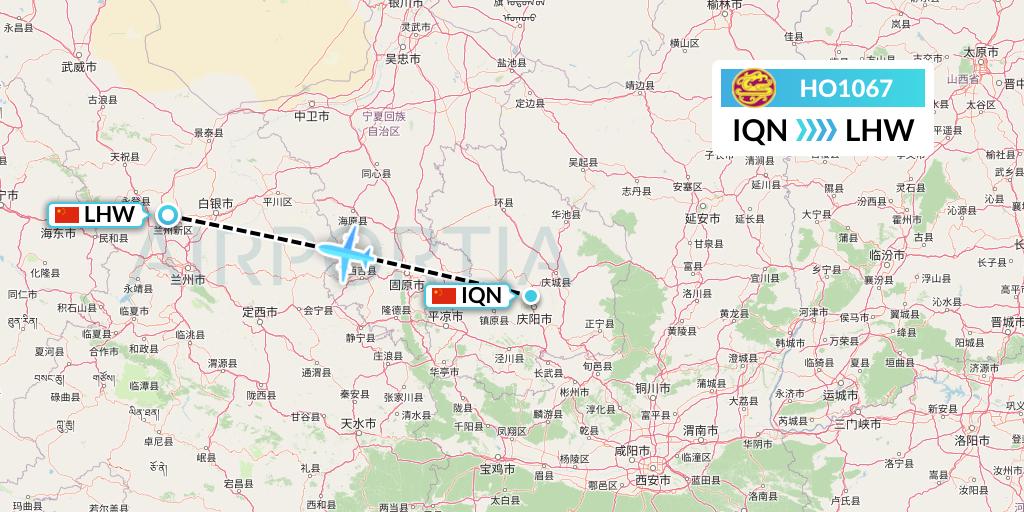 HO1067 Juneyao Airlines Flight Map: Qingyang to Lanzhou