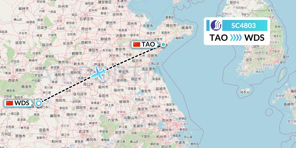 SC4803 Shandong Airlines Flight Map: Qingdao to Shiyan