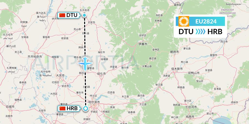 EU2824 Chengdu Airlines Flight Map: Mianyang to Harbin