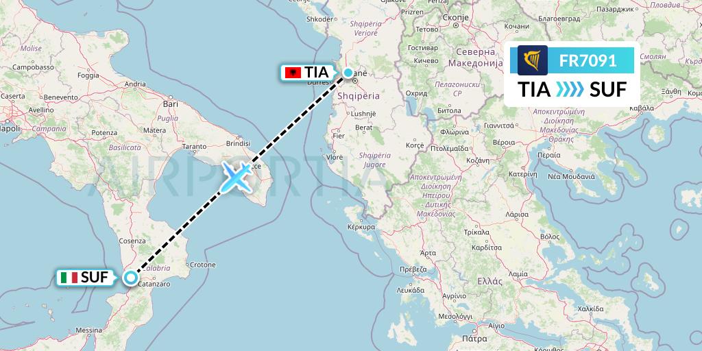 FR7091 Ryanair Flight Map: Tirana to Lamezia Terme