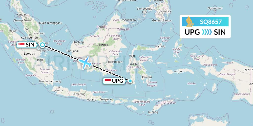 SQ8657 Singapore Airlines Flight Map: Makassar to Singapore