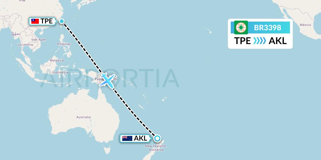 BR3398 EVA Air Flight Map: Taipei to Auckland