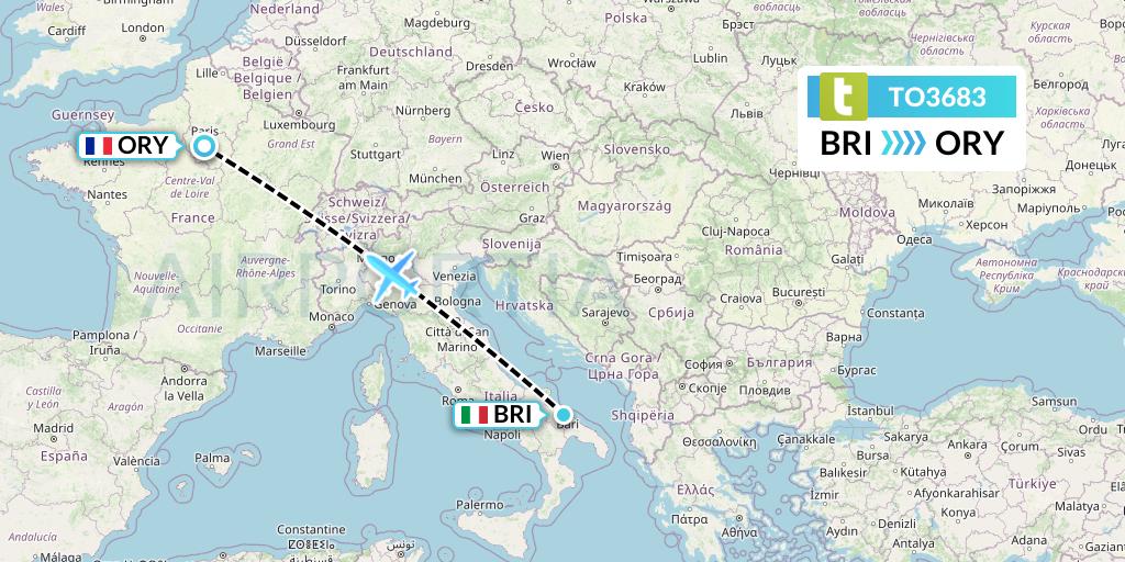 TO3683 Transavia France Flight Map: Bari to Paris