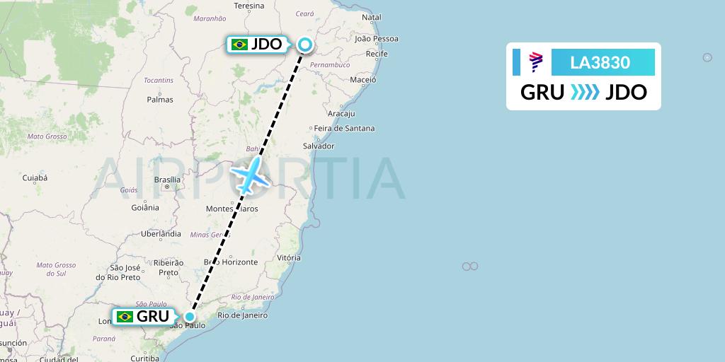 LA3830 LAN Airlines Flight Map: Sao Paulo to Juazeiro Do Norte