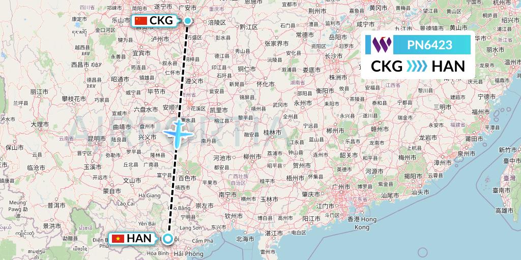 PN6423 China West Air Flight Map: Chongqing to Hanoi