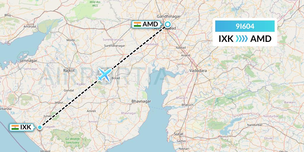 9I604 Air India Regional Flight Map: India to Ahmedabad