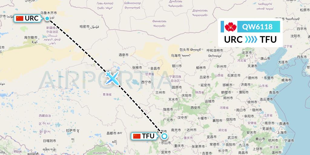 QW6118 Qingdao Airlines Flight Map: Urumqi to Chengdu