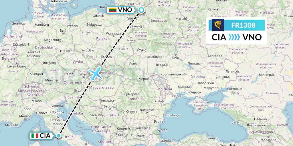 FR1308 Ryanair Flight Map: Rome to Vilnius