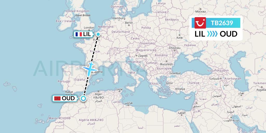 TB2639 TUI fly Belgium Flight Map: Lille to Oujda