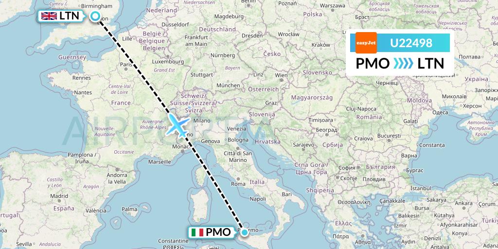 U22498 EasyJet Flight Map: Palermo to London