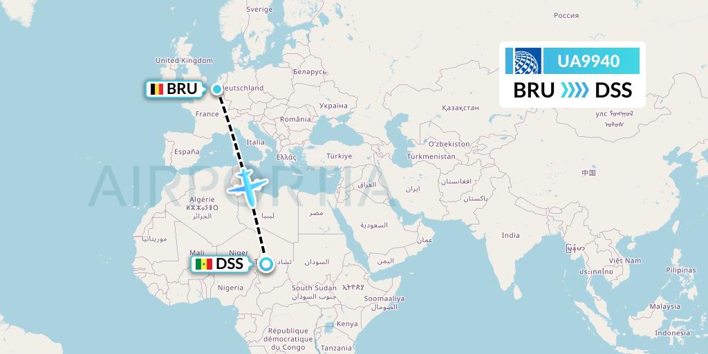 UA9940 United Airlines Flight Map: Brussels to Dakar