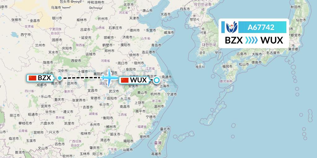 A67742 Hongtu Airlines Flight Map: Guangyuan to Wuxi