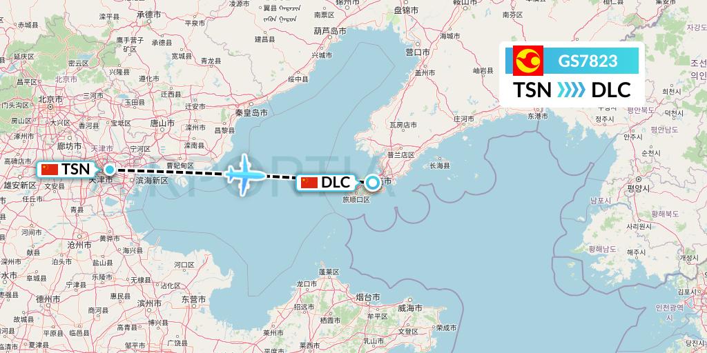 GS7823 Tianjin Airlines Flight Map: Tianjin to Dalian