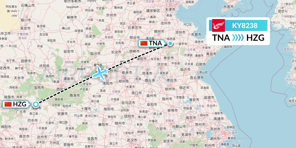 KY8238 Kunming Airlines Flight Map: Jinan to Hanzhong