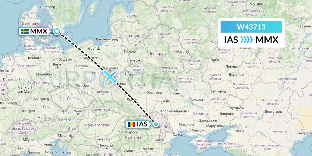 W43713 Wizz Air Malta Flight Map: Iasi to Malmo