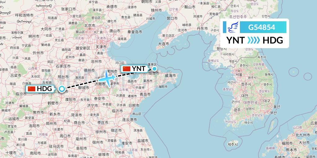 G54854 China Express Airlines Flight Map: Yantai to Handan