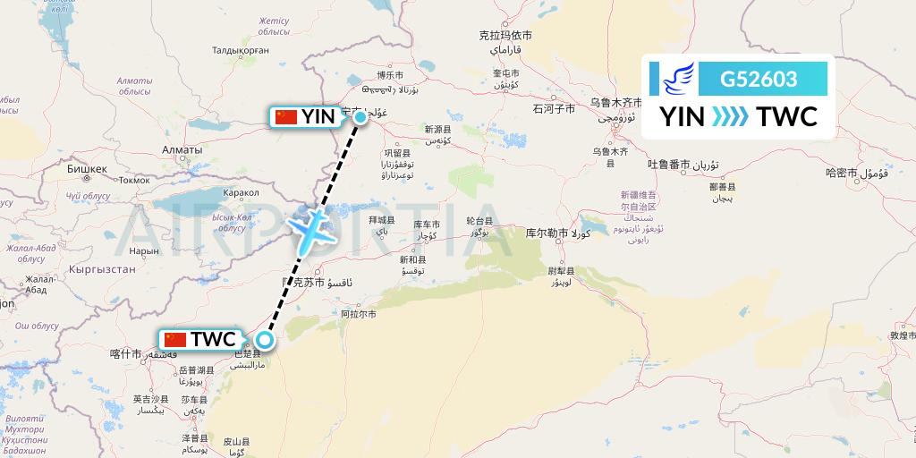 G52603 China Express Airlines Flight Map: Yining to Kashgar