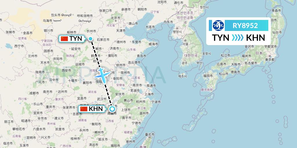 RY8952 Jiangxi Air Flight Map: Taiyuan to Nanchang