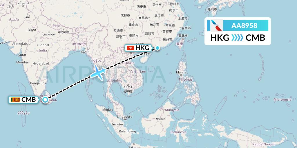 AA8958 American Airlines Flight Map: Hong Kong to Colombo