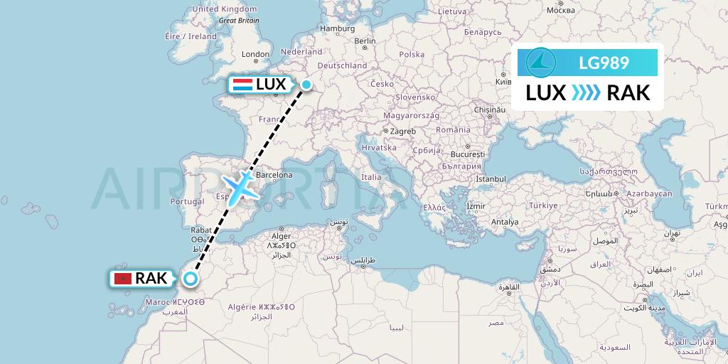 LG989 Luxair Flight Map: Luxembourg to Marrakesh