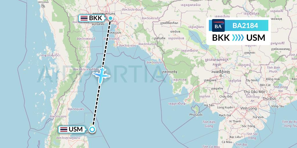 BA2184 British Airways Flight Map: Bangkok to Koh Samui