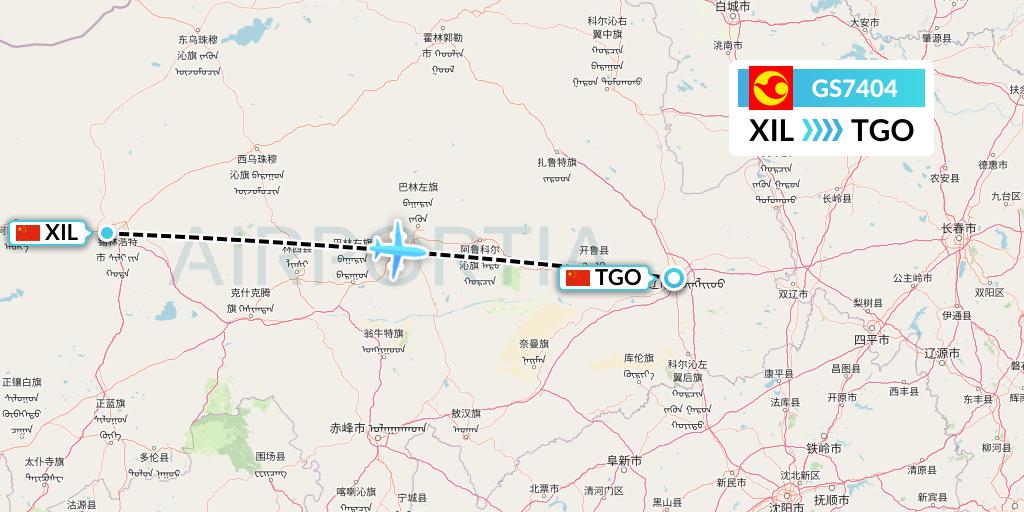 GS7404 Tianjin Airlines Flight Map: Xilinhot to Tongliao
