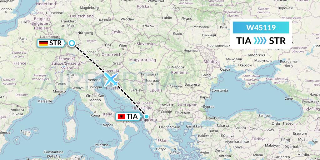 W45119 Wizz Air Malta Flight Map: Tirana to Stuttgart