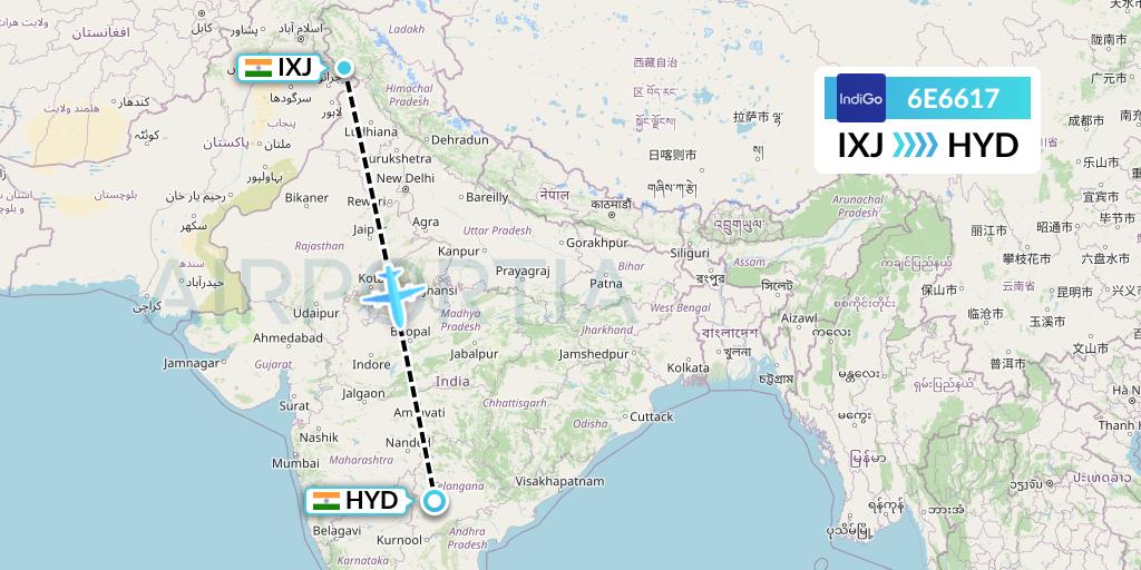 6E6617 IndiGo Airlines Flight Map: Jammu to Hyderabad