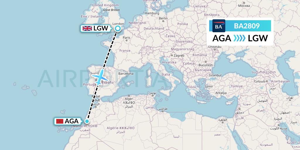 BA2809 British Airways Flight Map: Agadir to London